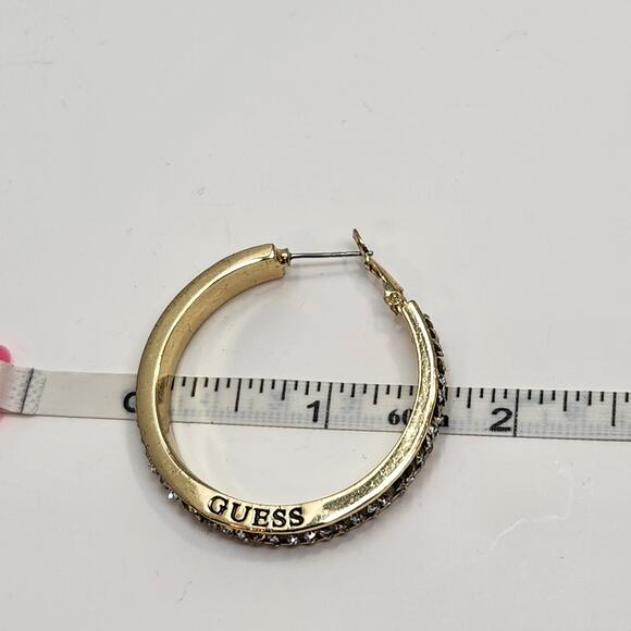 Guess Gold Tone Clear Crystal Pave Large Hoop Earrings Logo Chunky Statement - Picture 6 of 6